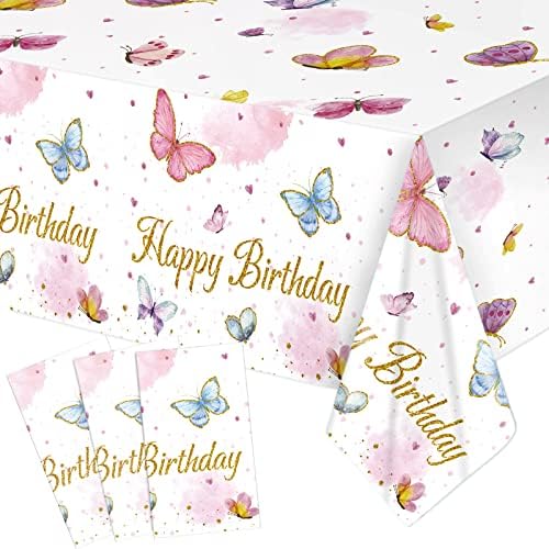 Pacote de 3 Pacote de borboleta Towleth Birthday Decorações de festas meninas Capas de mesa à prova d'água de plástico