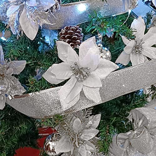 6pcs 5 polegadas Glitter Artificial Poinsettia Flowers com gravatas para casamento Festival de Natal Decoração de férias de natal