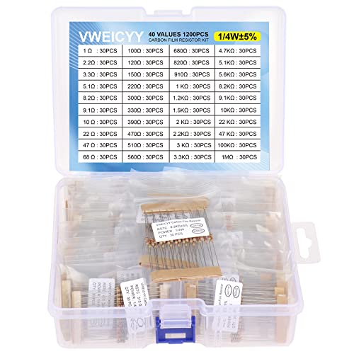 Vweicyy 1200 pcs 40 Valores Kit de resistor 1 ohm-1m ohm com CF1/4W 5% Resistores de filmes de carbono Sorteamento