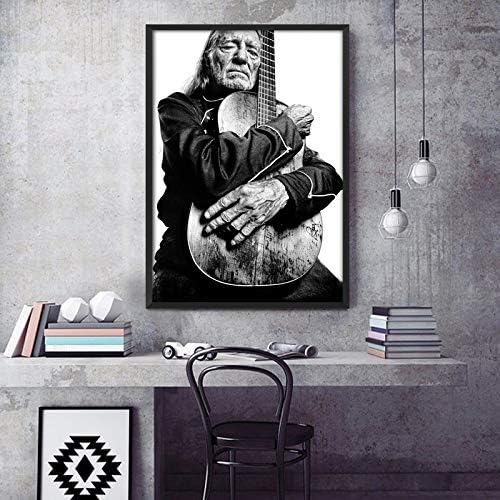 Rixart Willie Nelson com gatilho Black White Poster Decoração de parede Arte Impressão 36 '' x 24 '' Material de papel fotográfico