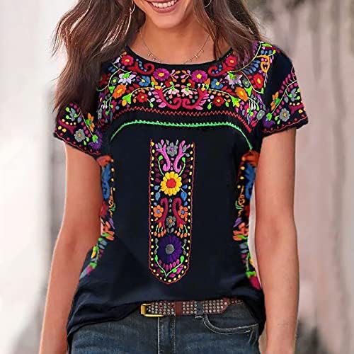 Camisetas de tee de manga curta mexicana para mulheres estampas florais vintage Tops soltos de verão