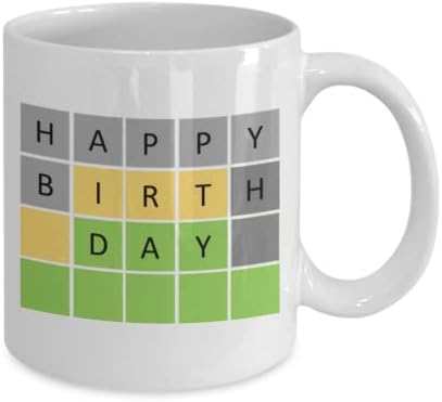 Wordle Birthday White Ceramic Coffee Caneca, Presentes Wordle para o aniversário de mãe, caneca engraçada de café para amante de quebra -cabeça, feliz aniversário avó caneca para jogo