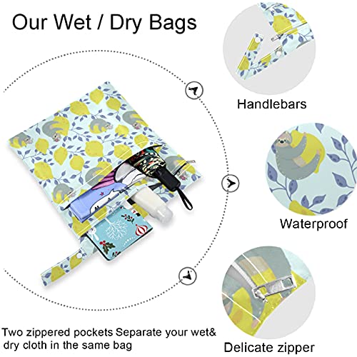 VISESUNNY SLOOTH LIMÃO FLORAL 2PCS Saco molhado com bolsos com zíper para fraldas salateadas reutilizáveis ​​para viajar,