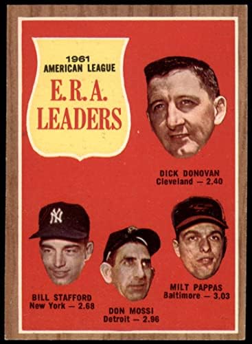 1962 Topps # 55 líderes da ERA Dick Donovan/Bill Stafford/Don Mossi/Milt Pappas Indianos/Tigres/Yankees/Orioles Ex Indians/Tigers/Yankees/Oroles