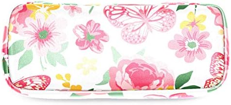 Rosas Peonies e Butterflies Saco de caneta de lápis de couro com bolsa de artigos de papelaria dupla com zíper para