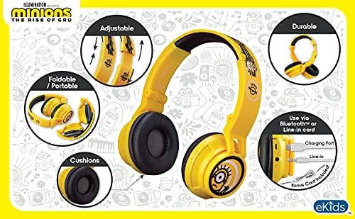 Ekids Minions Kids Bluetooth fones de ouvido, fones de ouvido sem fio com microfone incluem cordão AUX, fones de