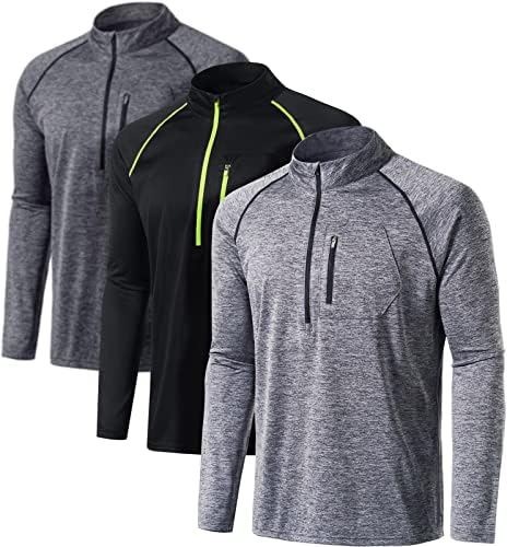 Athlio 3 Pack Men's Long Sleeve Athletic camisas - Rápido seco, proteção solar UV e 1/4 de pulôver com tampas de corrida para