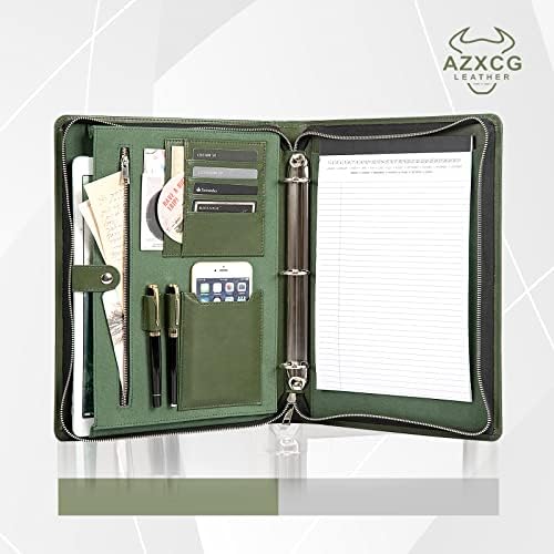 Azxcg Leather Portfólio 3 Anel Binder, Padfolio de couro vegano com zíper para iPad Pro 13 MacBook, Green, presente de