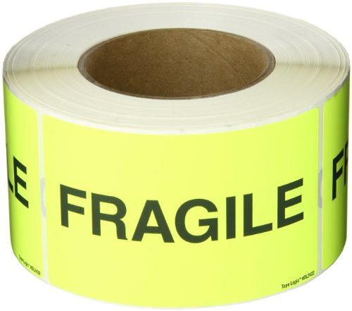 Lógica de fita Aviditi 3 x 5, frágil adesivo de aviso amarelo fluorescente, para envio, manuseio, embalagem e movimento