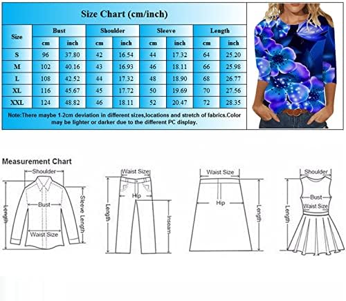 Tampos e blusas de senhoras 3/4 manga, gola gráfica de três quartos de túnica de túnica de túnica de túnica