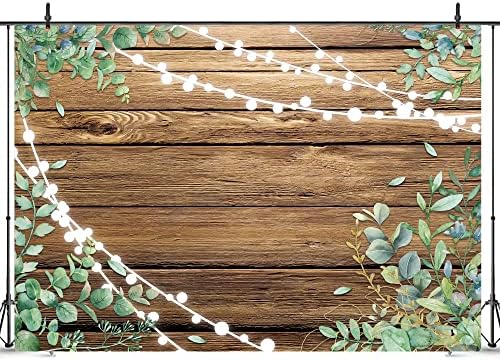 Riyidecor Rústico Eucalyptus Wood cenário de madeira 7wx5h marrom vintage folhas verdes luzes luzes de aniversário de casamento
