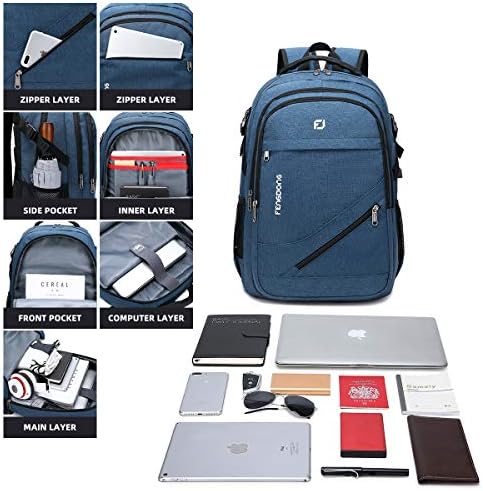Fengdong Durável Viagem à prova d'água Backpack grande de laptop 17,3 polegadas, Backpack da faculdade Backpbag para mochila empresarial masculina e feminina com porta de carregamento USB e fone de ouvido Blue Blue