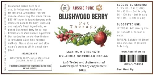 Aussie pura terapia para animais de estimação Blushwood Berry EBC -46 Tintura - 60 ml - força máxima - Testada e certificação de laboratório