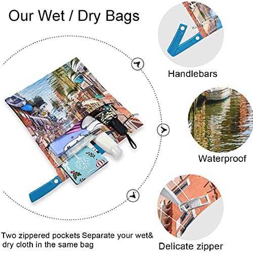 Visesunny Veneza Itália 2pcs bolsa molhada com bolsos com zíper lavandable reutilizável para viajar, praia, piscina, creche, carrinho,
