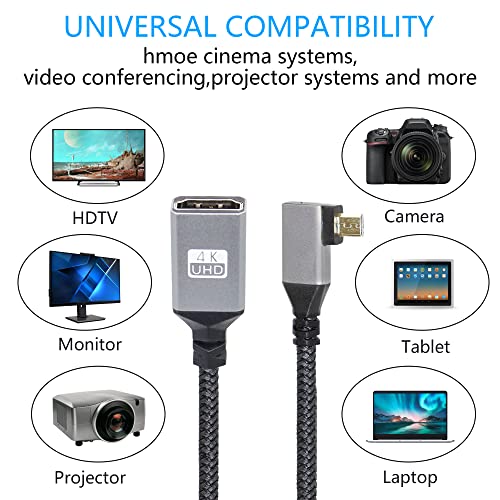 RIIEYOCA 4K Micro HDMI para cabo adaptador HDMI, ângulo de ângulo esquerdo Micro HDMI Male para HDMI Alumínio feminino Cabo de cordão trançado de nylon curto, suporta 4K UHD, para laptop, projetor, TV, monitor, filmadora