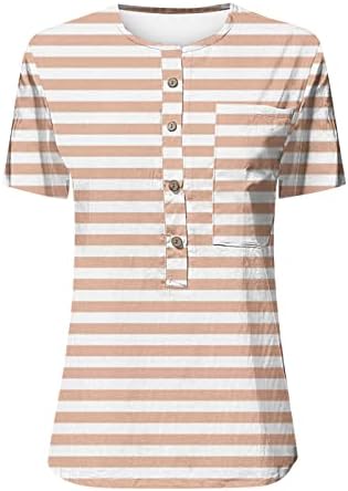 Narhbrg feminino henley túnica tops casual para baixo v blusas de pescoço colorido listrado bloco de manga curta camiseta