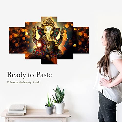 Conjunto de artesanato saumic de 5 Ganesha Ganesh ji Religioso Pinturas de parede emolduradas para decorações de casa, sala de estar, salão, escritório, presentes, decoração de parede de grande tamanho CG2