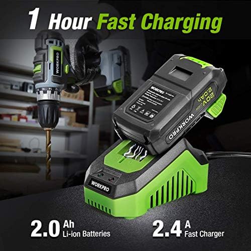 Chave de impacto sem fio do WorkPro 20V, torque máximo de 1/2 polegada e 320 pés de torque com kit de broca/driver sem fio de 20v, 3/8 ”, 18+2 configuração de torque