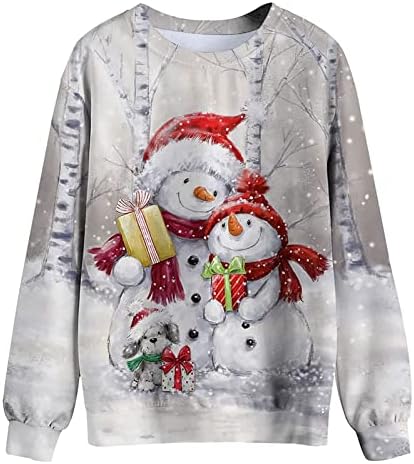 Sweater de Natal feio para mulheres engraçadas fofas fofas de boneco de neve camisetas de manga longa novidade X-mass de pisca-pilhas