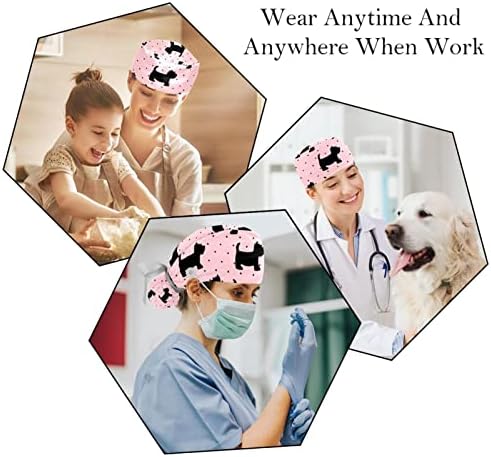 Lorvies Medical Caps for Women With Buttons Long Hair, Baice de trabalho ajustável de 2 peças, cachorro escocês Terrier