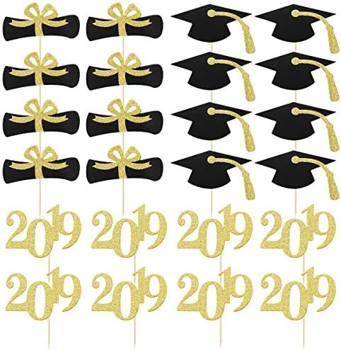 Luoem 24pcs Bolo de graduação Toppers 2019 Toppers de bolo de glitter Certificado de graduação Certificado de Inserção de