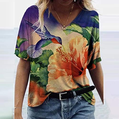 Womens V pescoço redondo tops cênicos Tamanho da camisa Moda Flores do pescoço Flores casuais femininas Plus Short Manga Mulheres