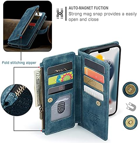Balleen.E Caixa da carteira para iPhone 13 Pro Max, premium Durável em couro PU Zipper capa de proteção à prova de choque com fechamento magnético e suporte de cartão azul