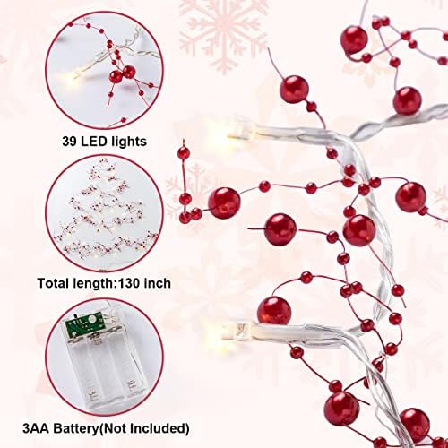 Garland de miçanga iluminada com berry de Natal de 10 pés de 10 pés, 39 LED Garland prelit Decorativa, decorações internas