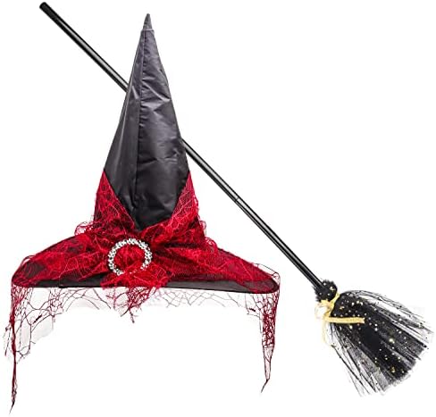 Halloween Witch Hat Witch Burom Bruxa Bruxa Brucha Brões Adeços para Costume Vestido, Vermelho