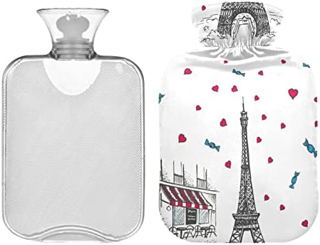 Garrafas de água quente com capa Paris Bike Love Heart Hot Water Bag para alívio da dor, mulheres grávidas, cama de água quente mais quente 2 litros
