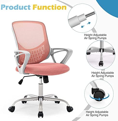 Cadeira de escritório ergonômico - cadeira de malha de recepção doméstica com apoio de braço fixo, cadeira de computador executiva com almofada de assento de espuma macia e suporte lombar, rosa