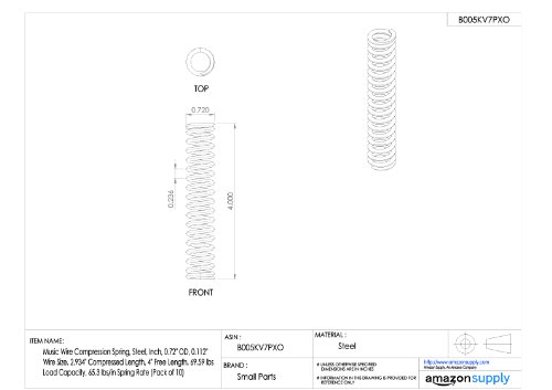Música Spring de compressão, aço, polegada, 0,72 OD, 0,112 Tamanho do fio, comprimento comprimido de 0,96 , comprimento livre de