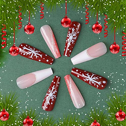 Prenta de Natal Uraniana em unhas vermelhas longas unhas falsas caixões de neve listras de floco de neve brilhantes desenhos