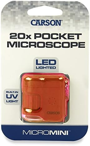 Carson Micromini 20x Microscópio de bolso iluminado por LED com UV embutida e lanterna LED - laranja, média