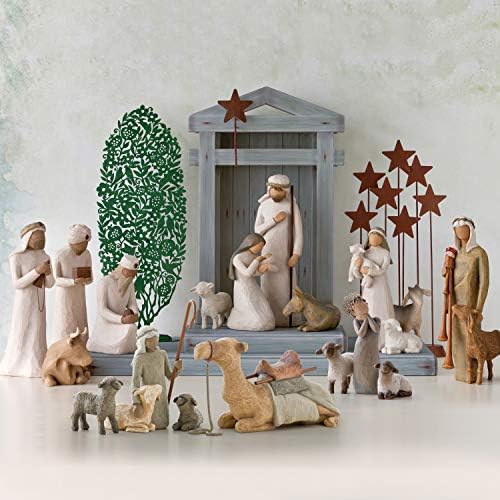 Pastor de Willow Tree e animais estáveis, figuras de natividade pintadas à mão esculpidas, conjunto de 4 peças