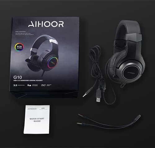 Aihoor G10 Wired Gaming Headset com microfone, fones de ouvido de ouvido, microfone de cancelamento de ruído de som de som estéreo, tomada de áudio de 3,5 mm, proteína de memória macia para pic/mac/ps4/ps5/switch/xbox One
