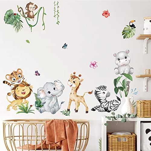 Decalmile Jungle Animals Decalques de parede Decalques de elefante elefante girafa safari adesivos de parede bebê berçário quarto quarto quarto decoração de parede