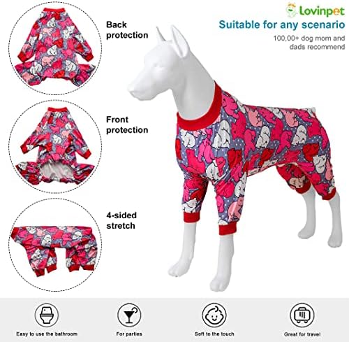 Lovinpet PJS for Dogs XL - Camisa de alívio de ansiedade, proteção solar para cães, pós -cirurgia de pijama de recuperação para cães, tecido flexível confortável, polar bolinhas de lã de urso urso de impressão rosa, pjs de cachorro grande, xl vermelho xl