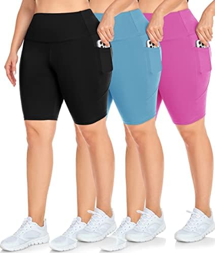New Young 3 pacote de 3 shorts de moto de tamanho de tamanho com bolsos para calça de ioga com cintura alta de mulheres shorts de exercícios