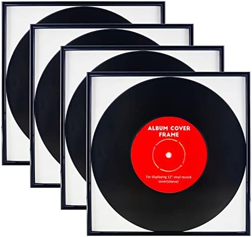 4 Pack, Black Music Record Album, exibição de 12,5 x12.5 Capas de álbum de vinil LP, moldagem por moldura de folha de acabamento de piano de alta luz, inclui cabide