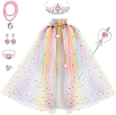 Fedio Princess Cape Set 7 Pieces Girls Princess Cloak com Tiara Crown, Wand para meninas se vestem