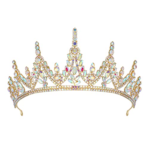 Sweetv Gold Tiara Crown for Women Girls, Wedding Tiara for Bride, acessórios de cabelo de cristal iridescente para o aniversário