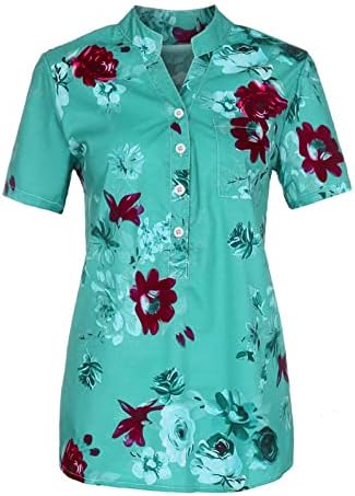 Blusas de verão para mulheres 2023 Trendy vintage floral solto manga curta V botão pescoço para baixo de camisetas diárias