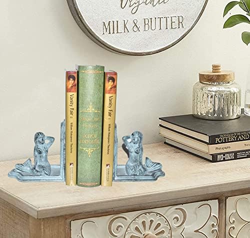 Livros decorativos de sereia para prateleiras, ferro fundido pesado, terminais de livros para decoração de escritório em casa, azul