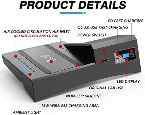Carregador sem fio de carro para A-UDI Q5 SQ5 2021, QI Charamento de smartphone sem fio com QC3.0 Porta USB 15W Carregamento rápido por 12/11/XS/XR/X S20/S10/S9/S8