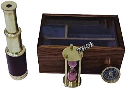 Náutico exclusivo de mão de mão pirata bronze timer de areia de telescópio antigo com caixa de madeira artesanal decoração