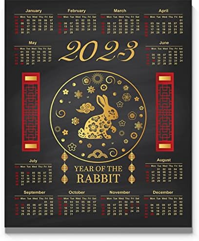 2023 Calendário, ano lunar chinês do coelho 11 x14 ouro e vermelho na parede ou mesa anual preta de uma entrelanadora. Idéia de presente sem moldura para amigos com ascendência chinesa ou asiática ou decoração de escritório