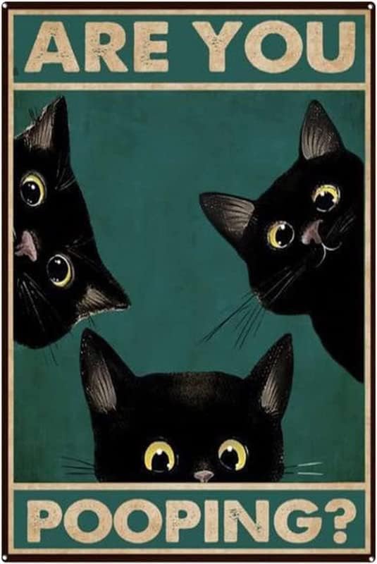 AOEVC Retro Tin Sign Vintage Black Cat Are You Pooping Sinais de banheiro Decoração de banheiro de parede de banheiro, gato de