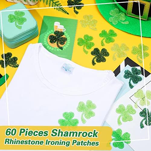 60 peças do dia de St. Patrick Shamrock Rhinestone Iron on Patches Irish Clover Patches Green Shamrocks Ferro em remendos de apliques para vestir decoração