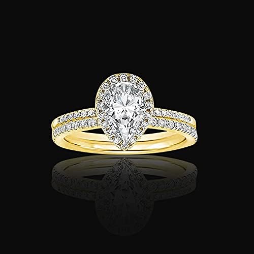 Conjunto de noivas de estilo vintage, pêra Solitaire Gemstone Gold Engagement promessa de promessa de prometa de aniversário Anel de